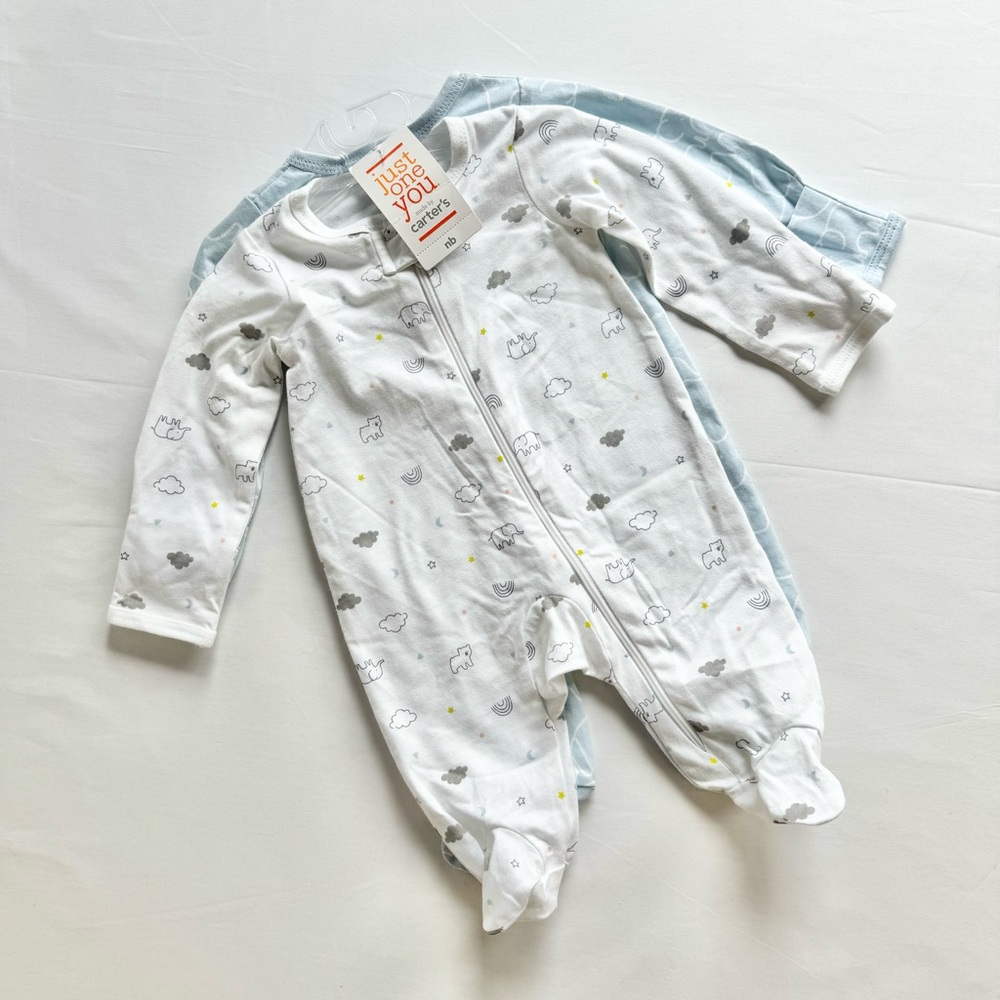 Set of Carter's White & Gray Footies Soft and Blue Elephant Cotton One Pieces
